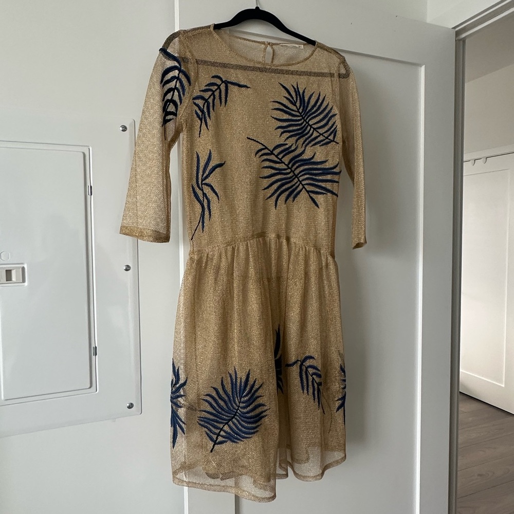 Mango, gold mesh and blue embroidered dress, size S